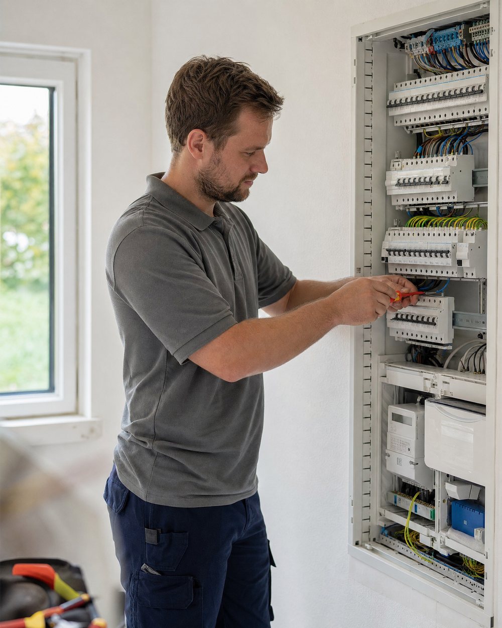 Elektriker arbeitet am geöffneten Zählerschrank