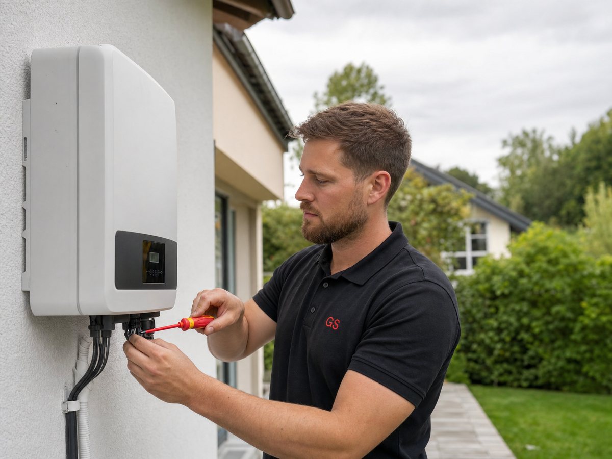 Monteur von GS Wärmesysteme installiert einen PV-Wechselrichter